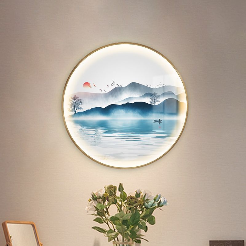 Montaña circular de oro y lago Mural Luz Mural LED chino Idea de iluminación de pared metálica