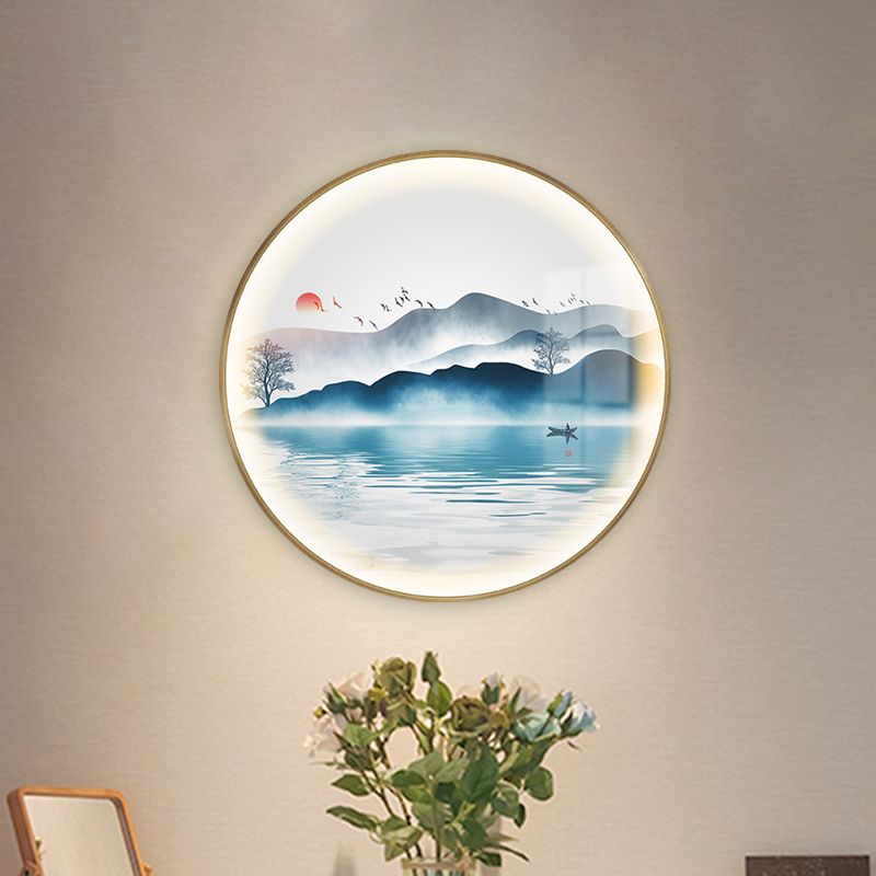 Gold Circular Mountain et Lake Mural Light Chinese LED Metallic Wall Éclairage mural