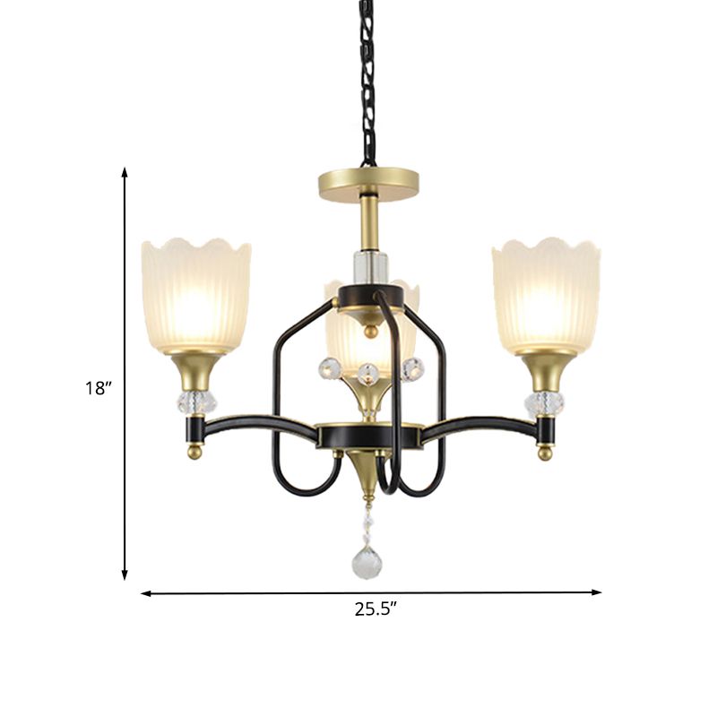 Opal Glass Scalloped Suspension Lighting Fixture Traditional 3/6-Head Bedroom Chandelier Light in Black and Gold