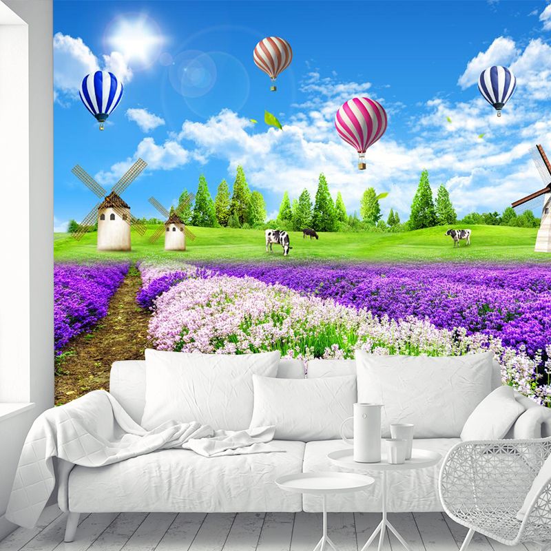 Whole Lavender Field Wall Murals Modern Enchanting Scenery Wall Art in Purple-Blue