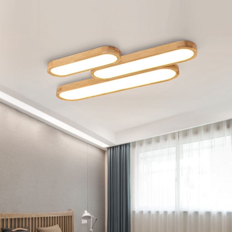 Minimalist Oblong Ceiling Lighting Wood Living Room LED Flush Mounted Light in Warm/White Light, 25.5"/35.5"/47" Long