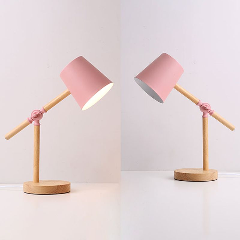 Lampada da tavolo con braccio oscillante in legno Macaron Lampada da lettura a 1 luce con paralume affusolato in metallo