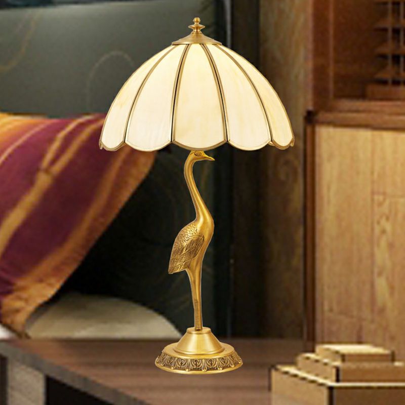 Brass 1-Head Table Light Retro Opal Glass Umbrella Shaped Nightstand Lamp with Halcyon Deco