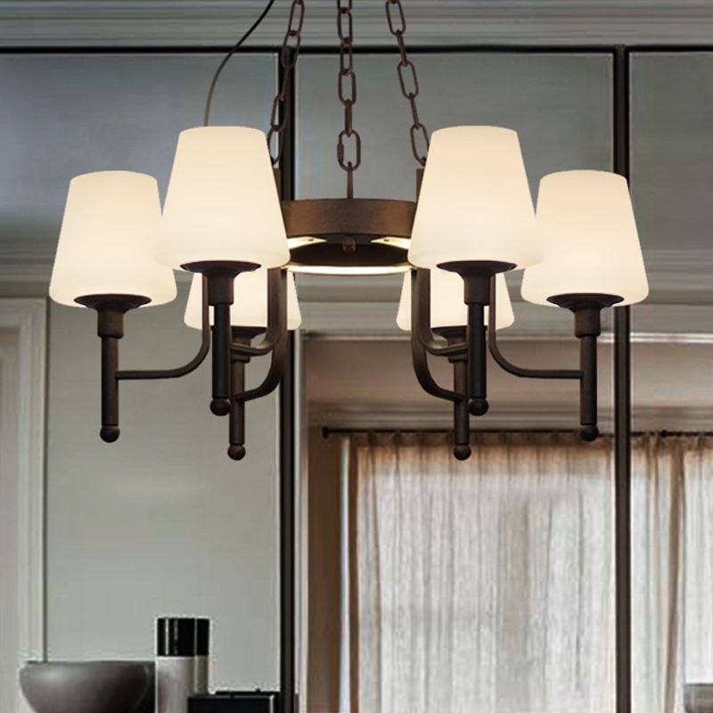 Traditionele taps toelopende kroonluchter hanglamp 6 hoofden helder/crème glashangende lamp in roest voor restaurant