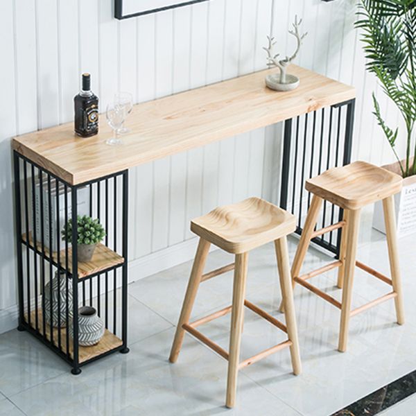 Solid Wood Bistro Table Metal Base Rectangle Bar Height Pub Table with Shelves