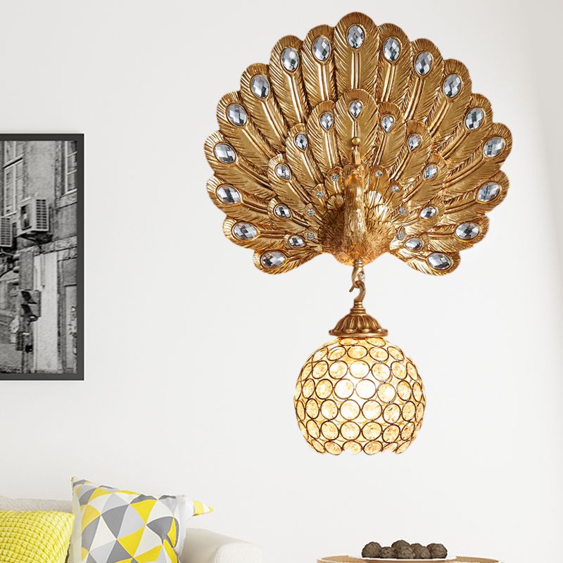 Crystal Globe Sconce Light Fixture Traditional 1 Light Bedroom Wall Mounted Light with Blue/Gold/White Peacock Backplate