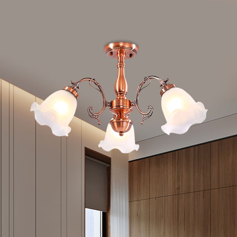 Copper 3/5/8 Lights Semi Flush Mount Lighting Country Cream Glass Flower Shape Flushmount Lamp