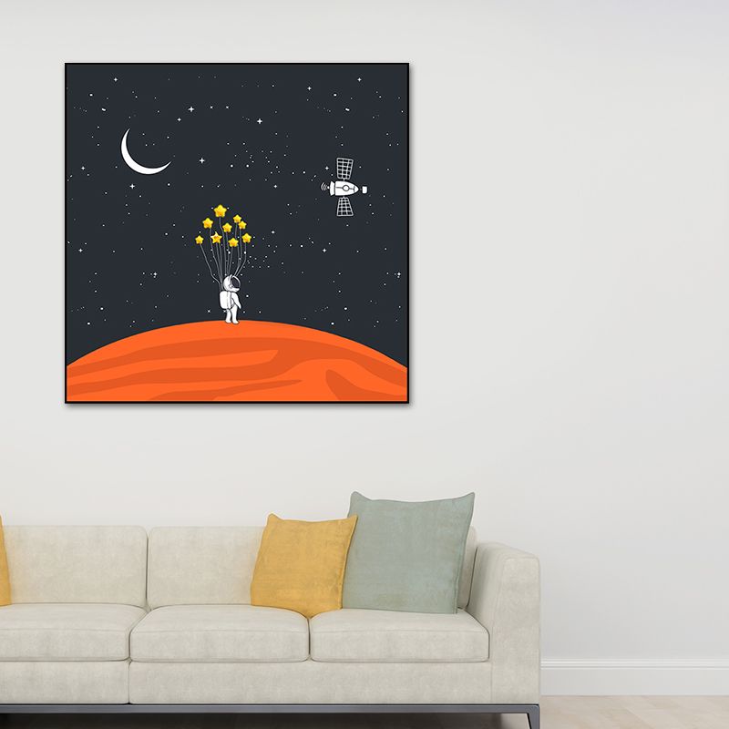 Astronaut and Starry Night Canvas Textured Kids Style Bedroom Wall Art Decor in Dark Color