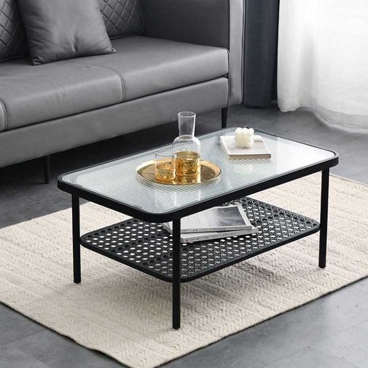 4 Legs Cocktail Table Glass Rectangular Coffee Table with Shelf