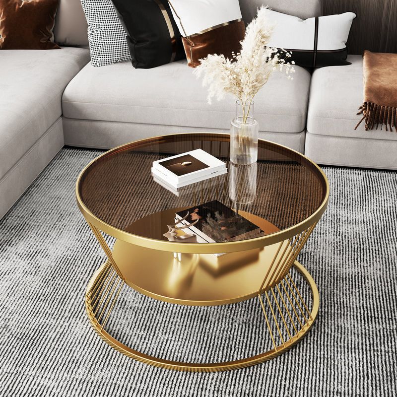 Round Coffee Cocktail Table Glass Top Frame Coffee or End Table with Storage Shelf