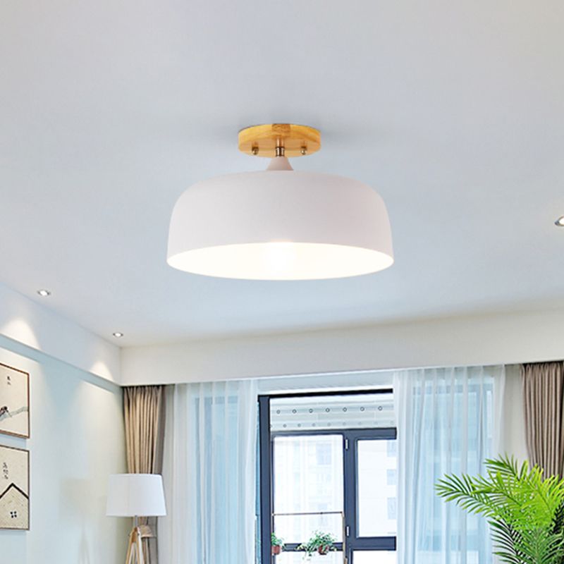 1 Light Gray/White/Pink/Green Ceiling Flush Mount Light with Drum Metal Lampshade Simple Semi-Flushmount Lamp