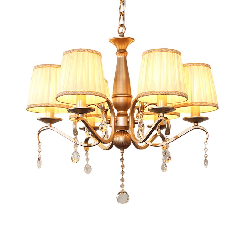 Traditionele vatschaduw Hanglicht 6 lampen geplooide stof plafond kroonluchter met goud gebogen arm