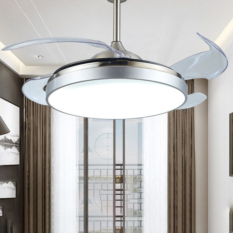 Hedendaagse cirkelvormige semi -spoellicht LED 42 "W Acryl -plafondventilatorverlichting in zilver met 4 heldere messen, externe/wandregeling/frequentieconversie