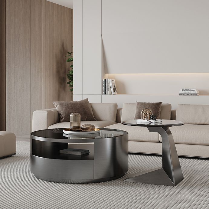 Contemporary Round Glass Coffee Table Set 1-Drawer 2 Piece Bunching Tables