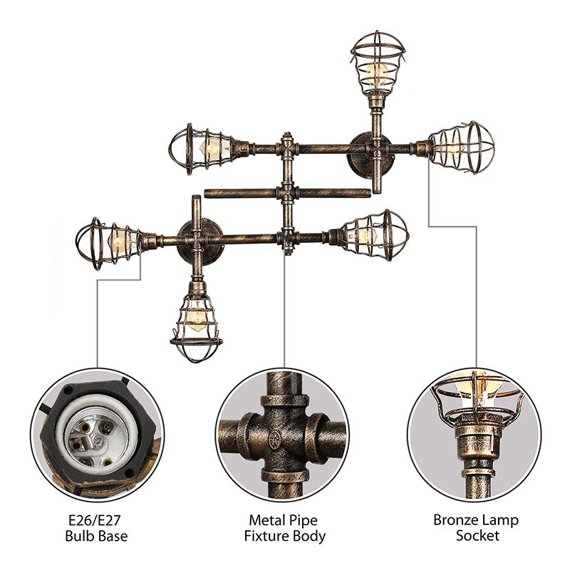 Brass Wire Cage Semi-Flush Light Vintage Industrial Iron 4/6/8 Heads Living Room Ceiling Lighting with Pipe