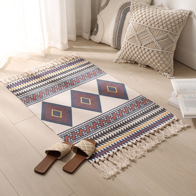 Vintage Tribal Pattern Rug Cotton Fringe Carpet Pet Friendly Area Rug for Living Room