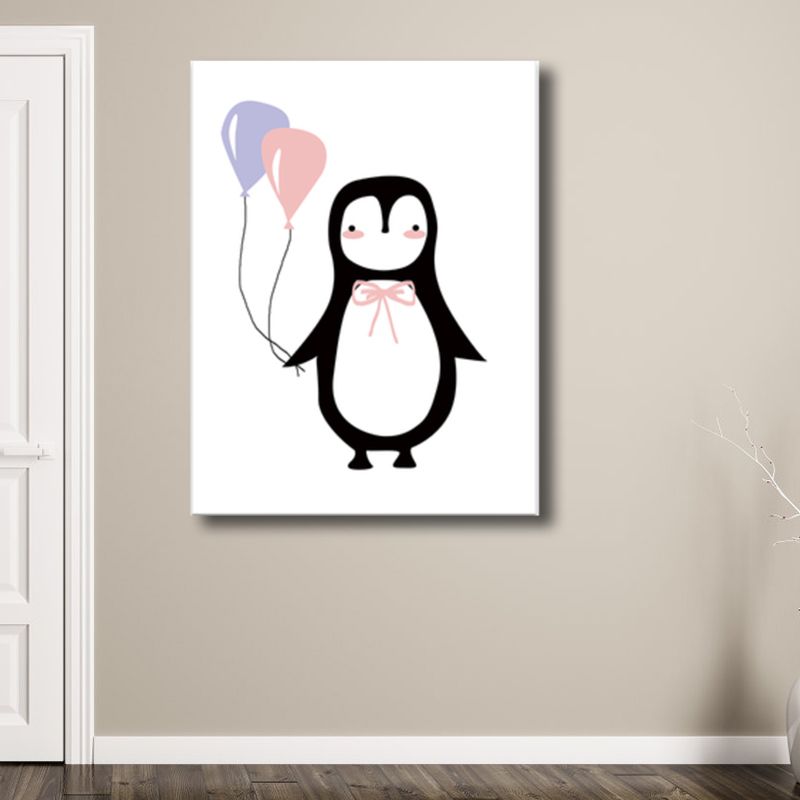 Penguin with Balloon Wall Decor Children's Art Textured Canvas Print in Black for Bedroom