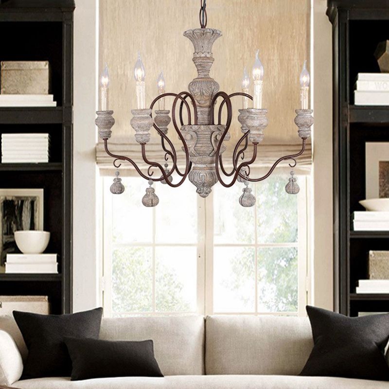 Gray and White Spur Chandelier Lighting Nordic Wood 6 Bulbs Hanging Ceiling Light for Living Room