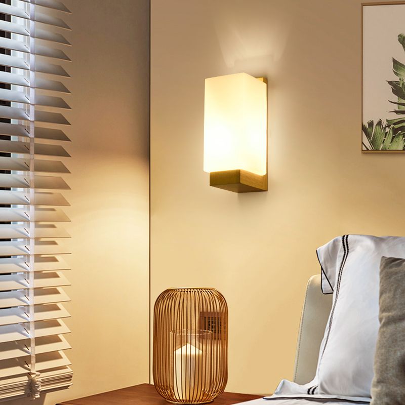 Nordic Wood Wall Light Cuboid 9" Wide Wall Sconce with White Glass for Bedroom