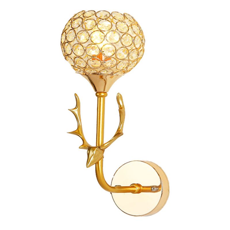 Gold Deer Head Wall Lamp Fixture Minimalist Metal Sconce Light with Ball Crystal Shade