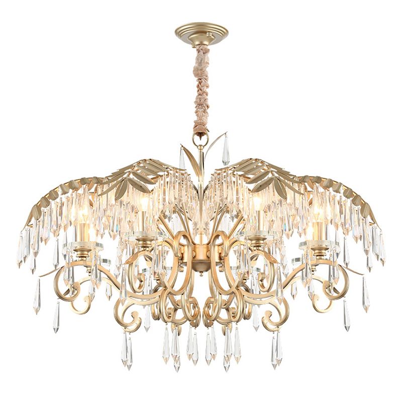 Crystal Palm Leaf Chandelier Colonial Style Dining Room Ceiling Suspension Lamp in Gold