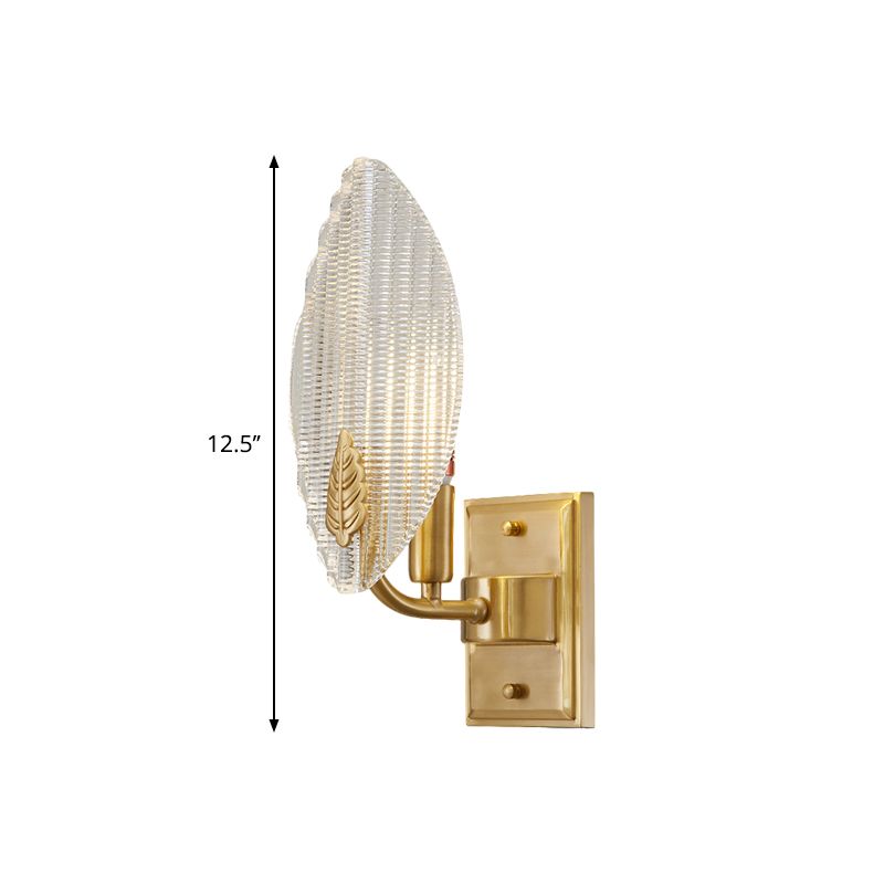 Brass 1/2-Bulb Sconce Light Vintage Clear Fluted Glass Leaf-Shaped Wall Lighting Idea