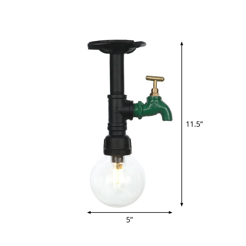 Orb Clear Glass Semi Flush Lighting Industrial 1 Bulb Restaurant Ceiling Mounted Fixture in Black