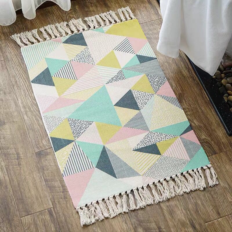 Uniek geometrisch tapijt multicolor eclectisch tapijt katoenen huisdiervriendelijk tapijt met kwastje voor grote kamer