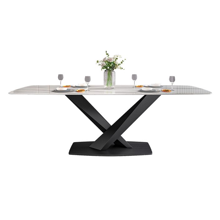 Traditional Luxury Rectangle Dining Table White Sintered Stone Table with Black Pedestal Base