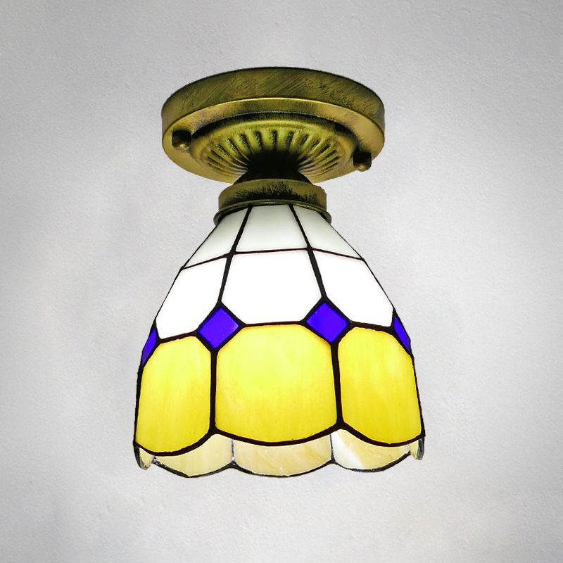 1 Head Flush Mount Light Classic Bell Shade Gridded Glass Semi Flush Ceiling Light