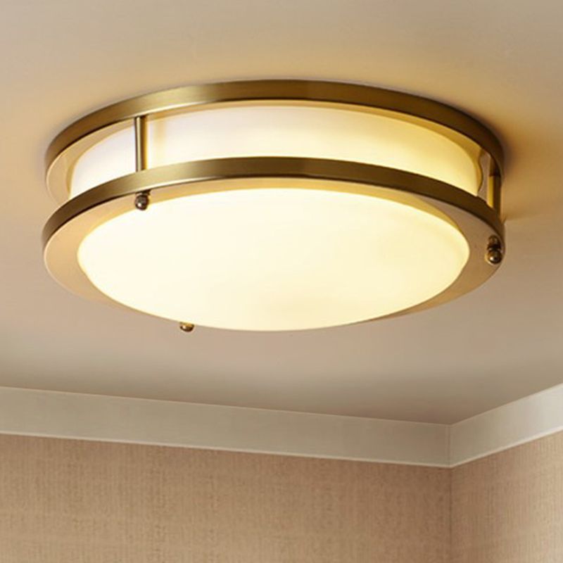Black/Brass LED Ceiling Mount Traditional White Glass Drum Flush Light Fixture for Corridor in Warm/White Light, 12"/16" W