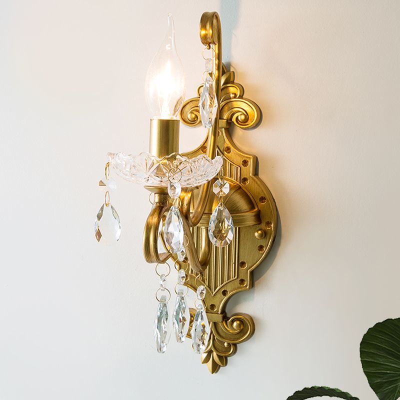 1/2-Light Candlestick Wall Sconce Antiqued Gold Iron Wall Mount Lamp with Crystal Drape