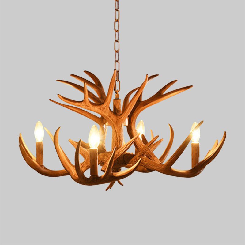 Antler Living Room Hanging Lamp Traditional Resin 4/6 Bulbs Brown Adjustable Chandelier Pendant Light