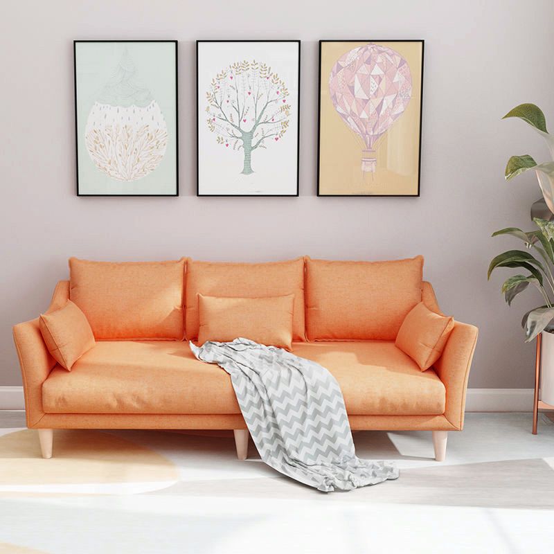 Modern Linen Sloped Arm Sofa with Bolster Pillows for Living Room