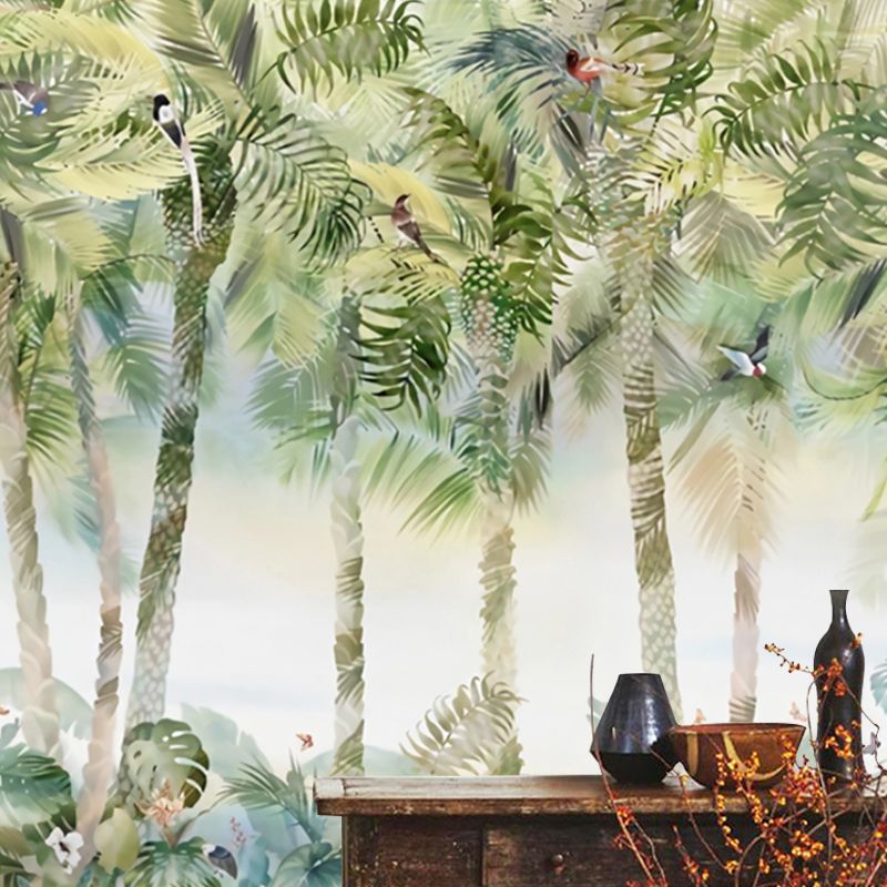 Non-Woven Fabric Big Wall Decor Morandi Green Palm Tree and Forest Mural Wallpaper, Personalized Sized Available