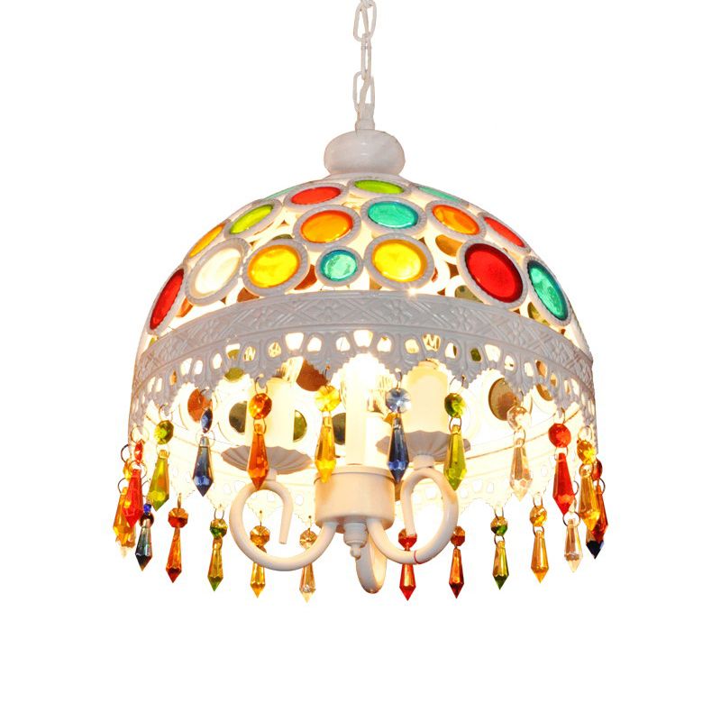 3 Lights Dome Chandelier Lighting with Multi Colored Crystal Bead Bohemia Pendant Lamp in White Finish