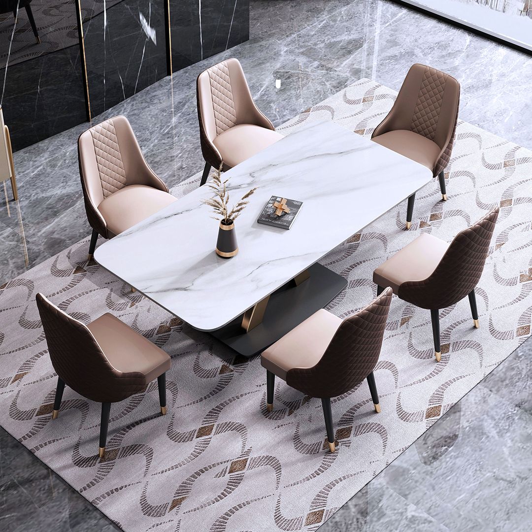 Contemporary Style Sintered Stone Dining Table with White Fixed Table and Gold Trestle Base