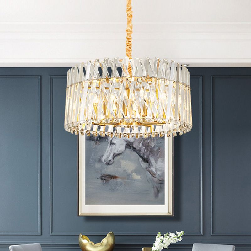 Round Tri-Sided Crystal Rod Hanging Light Fixture Postmodern 8/10 Lights Gold Chandelier Lamp