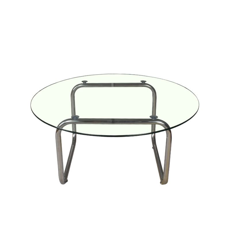 Modern Round Glass Coffee Table with Stainsteel Sled Stainless Steel Base