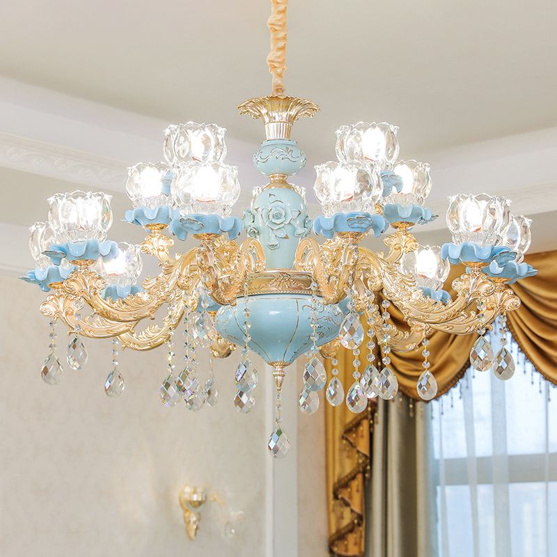 Flower Ribbed Glass Chandelier Lighting Classic Living Room Pendant Light with Crystal Draping in Blue