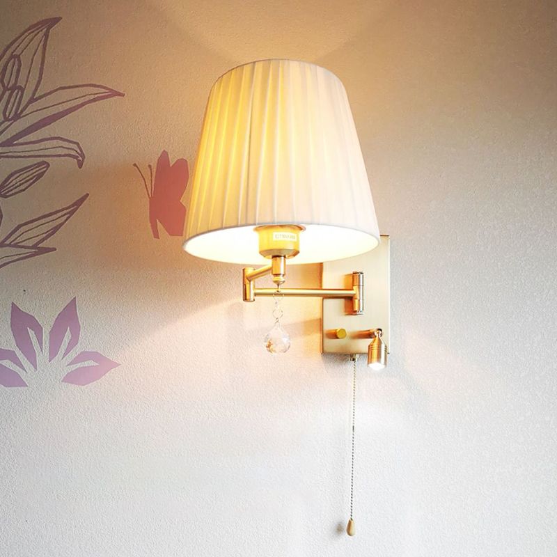 Single Light Wall Sconce in Gold Iron & Fabric Adjustable Wall Lighting Fixture