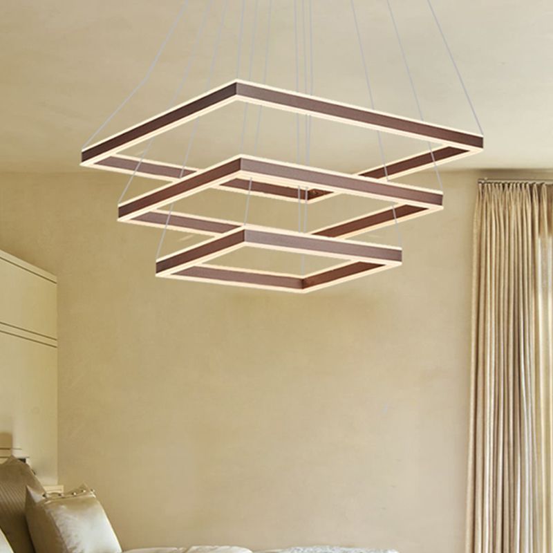 Square Ceiling Pendant Modern Acrylic 1/2/3-Head LED Brown Chandelier Light in Warm/White Light
