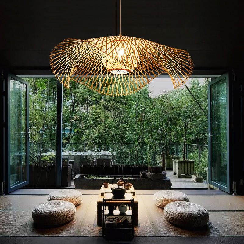 Beige Asia Pendulum Light Rattan 1-Light Hanging Ceiling Light for Dining Room