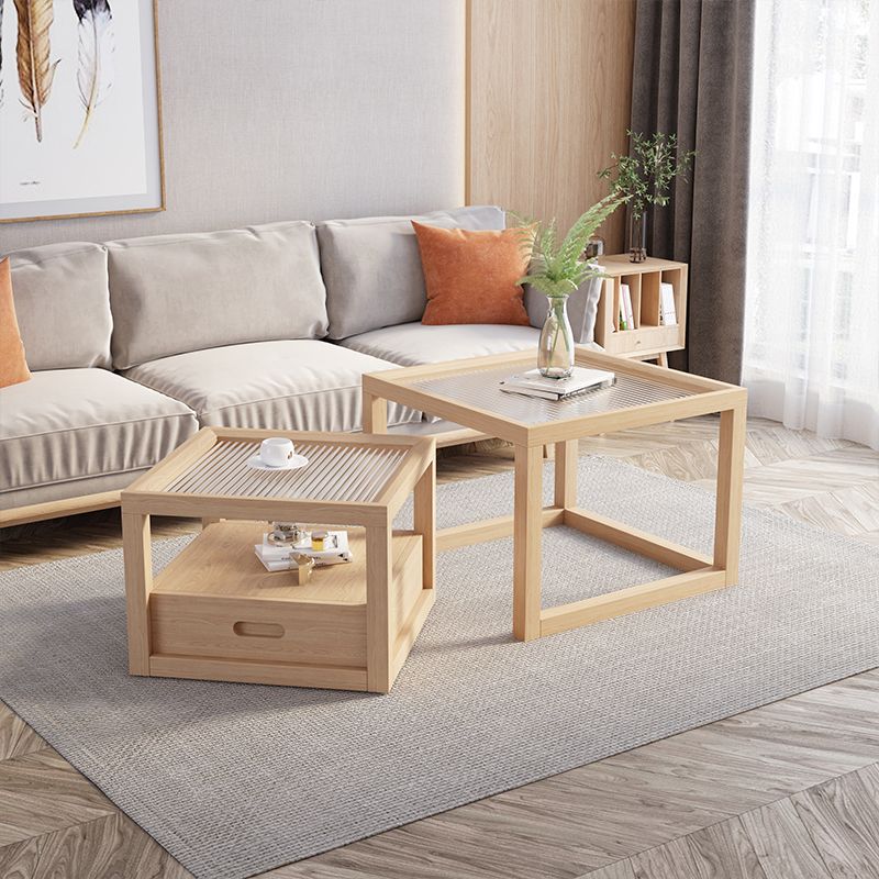 Frame Base Coffee Table Square Natural Wood Cocktail Table with Drawer