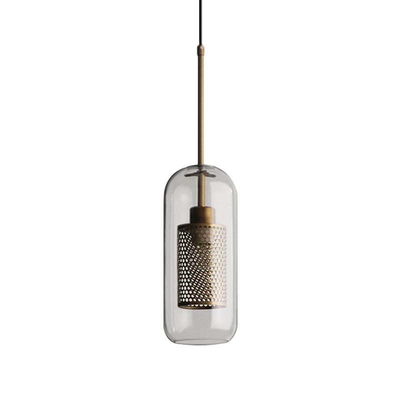 Lámpara colgante de 1 cabeza de bronce malla de metal colonial colgante cilíndrico con sombra de vidrio transparente, 20.5 "/24.5" de alto