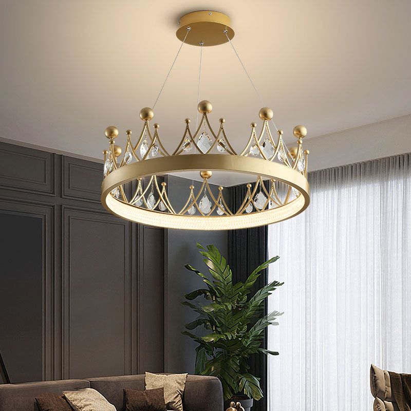 Gold Finish Crown Shaped Chandelier Minimalist Crystal LED Hanging Lamp for Bedroom