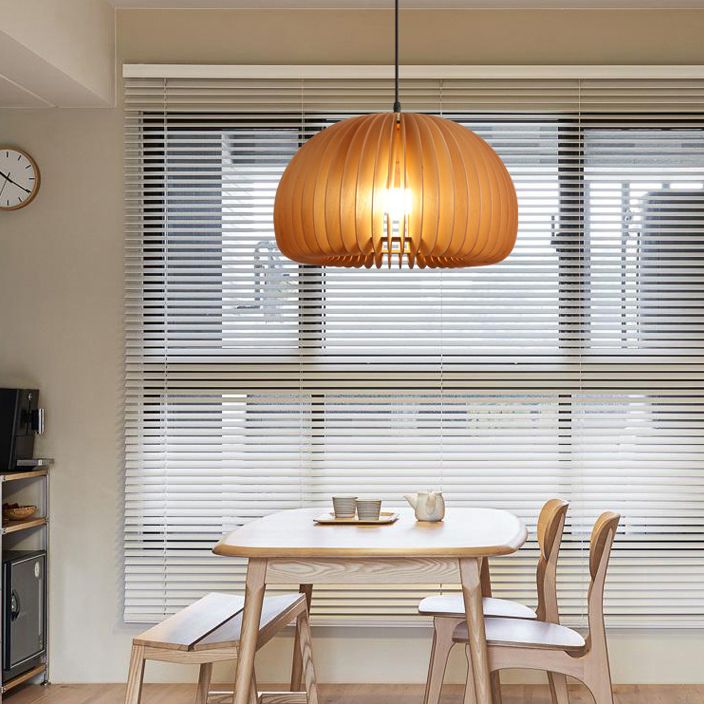 Pumpkin Ceiling Pendant Lamp Nordic Style Wood Dinning Room Suspension Pendant in Beige