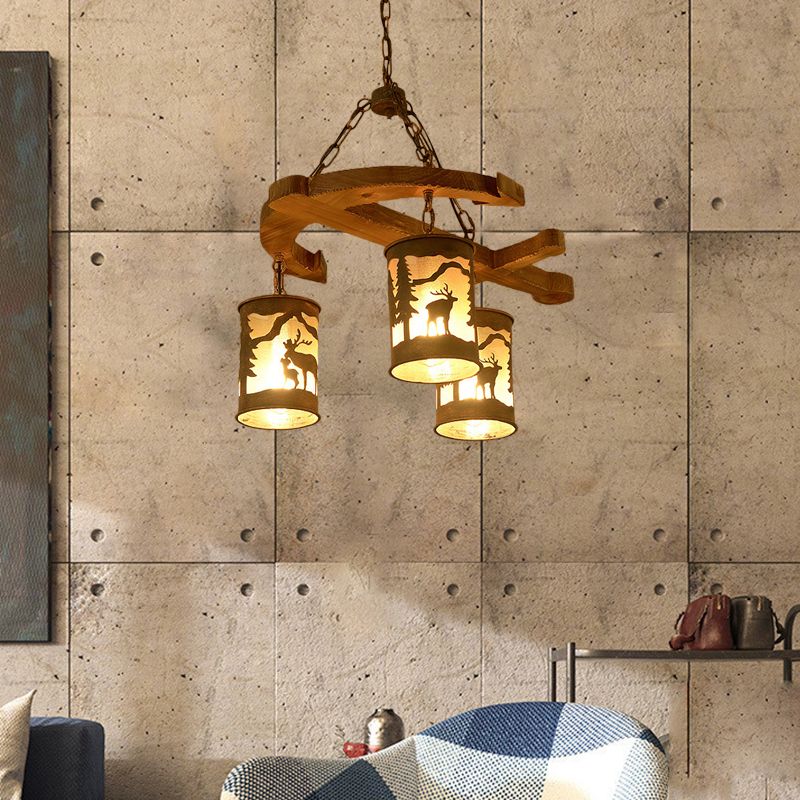 Cylinder Living Room Chandelier Rustic Wood 3 Lights Brown Hanging Fixture with Anchor Accents