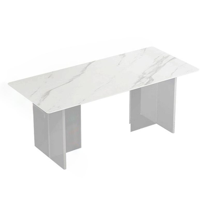 Stone Top Dining Table Industrial Rectangle Table with Double Pedestal Base