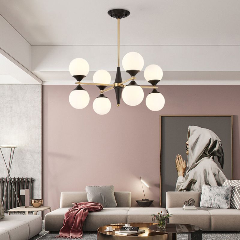 Globe Chandelier Post-modern White Glass Living Room Hanging Light in Black and Gold